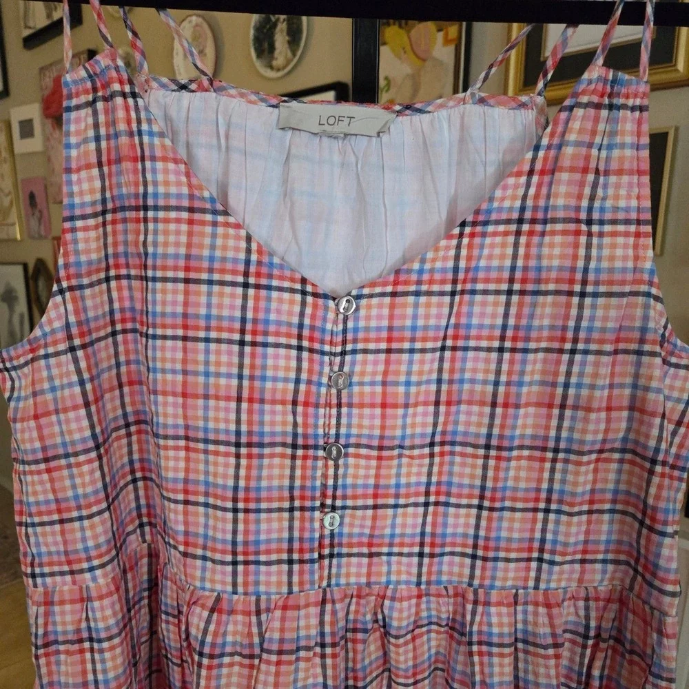 LOFT Whisper White Plaid Midi Dress Double Spaghetti Strap V-Neck Empire Waist - Picture 3 of 5